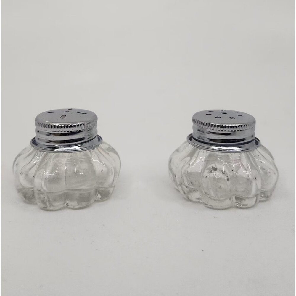 Vintage Mini Jar Shaped Clear Glass Salt & Pepper Shakers Set Chrome Tops